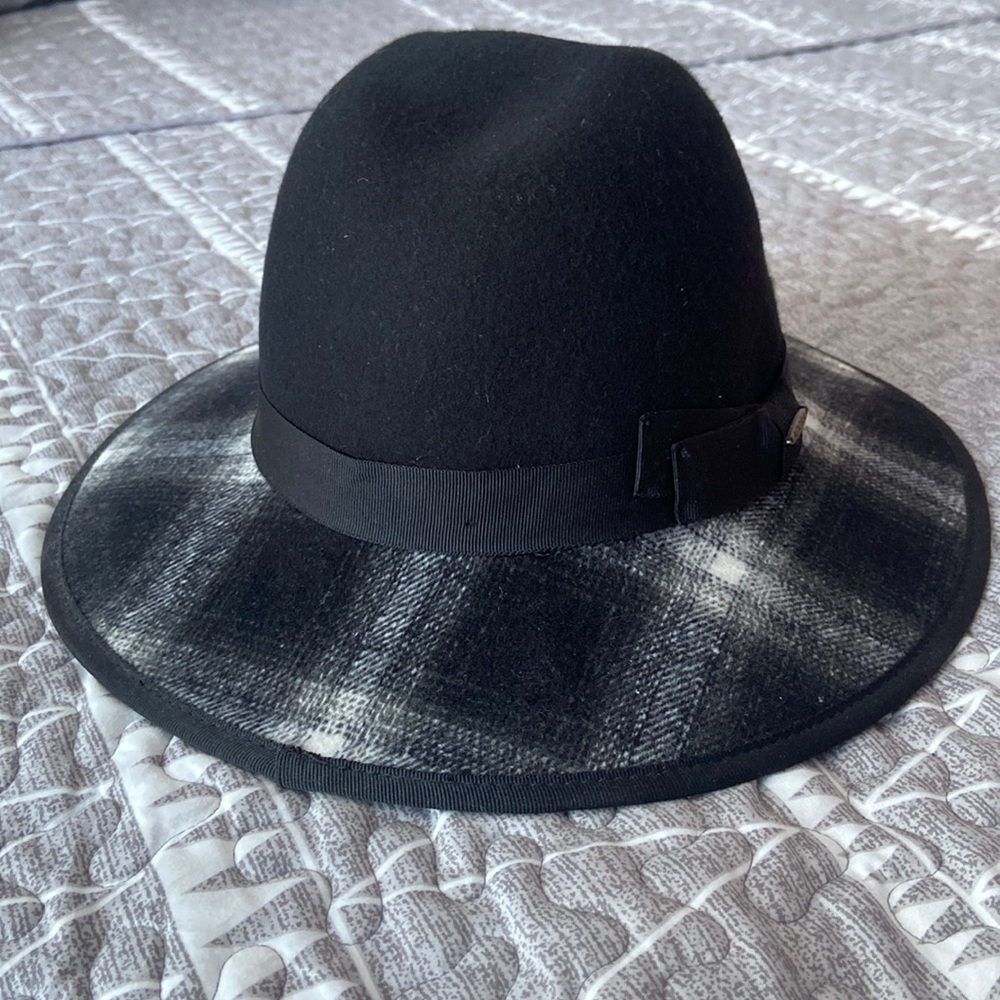 ADORA Black Cloche Hat with Plaid Brim